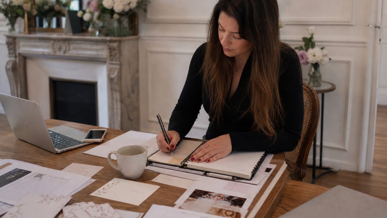 Wedding planner traçant le rétroplanning d'un mariage sur un agenda et un tableau de jalons
