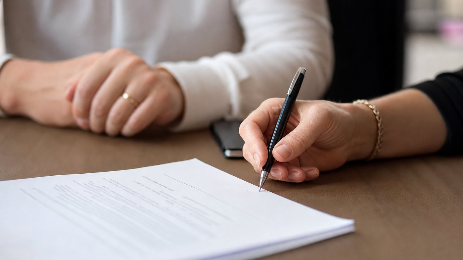 Wedding planner et couple signant leur contrat de prestation avant le début de l'organisation