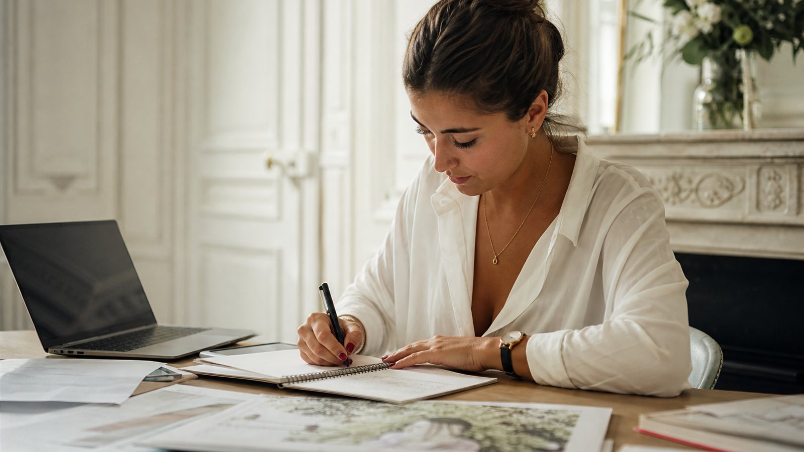 Wedding planner détaillant les postes d'un devis de mariage à son bureau