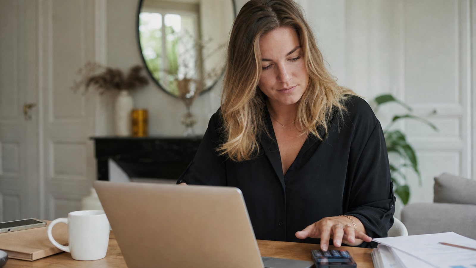 Wedding planner calculant ses tarifs et sa marge devant son cahier et sa calculatrice
