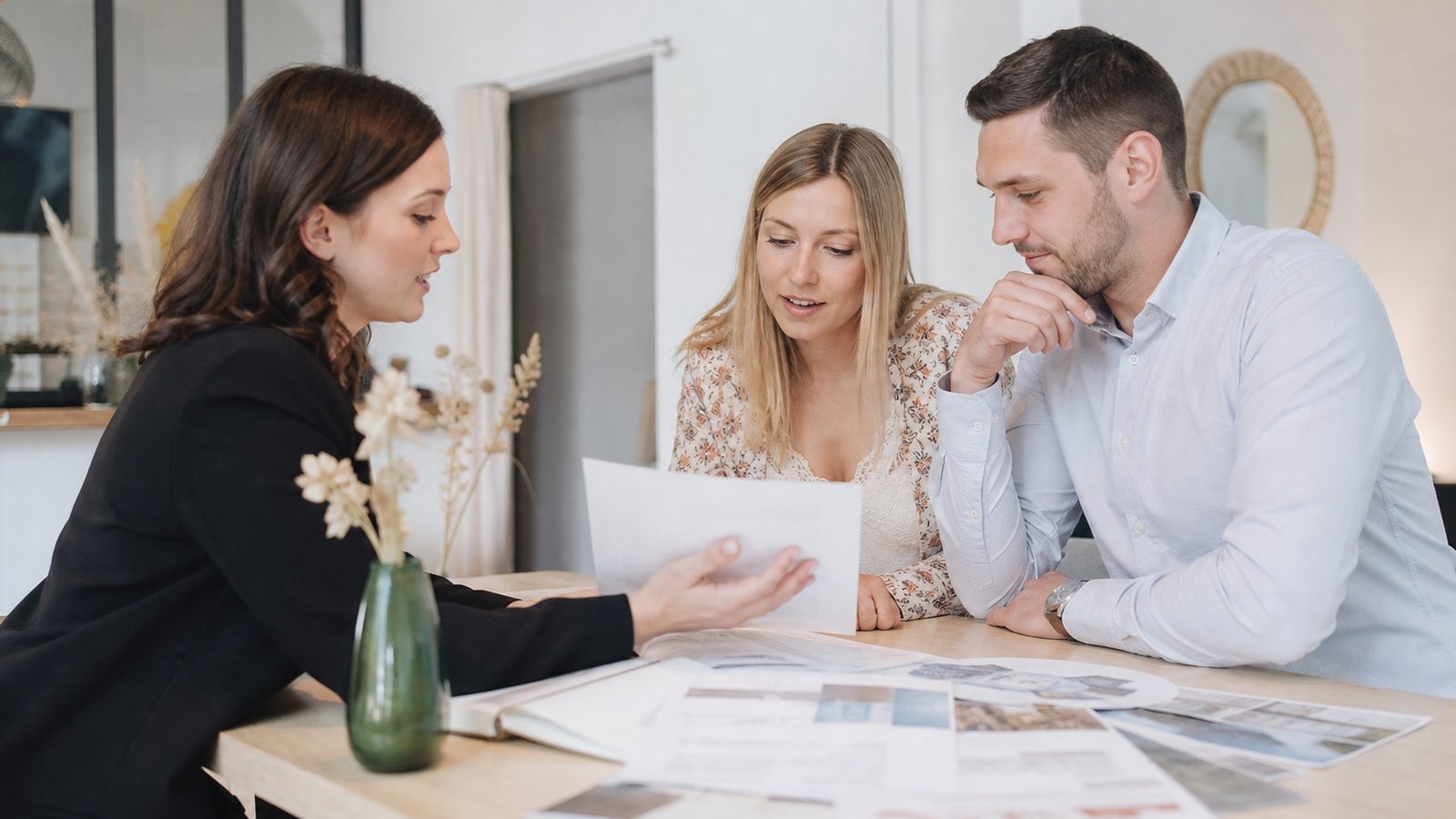 Wedding planner et couple relisant un devis de mariage modifié en cours d'organisation
