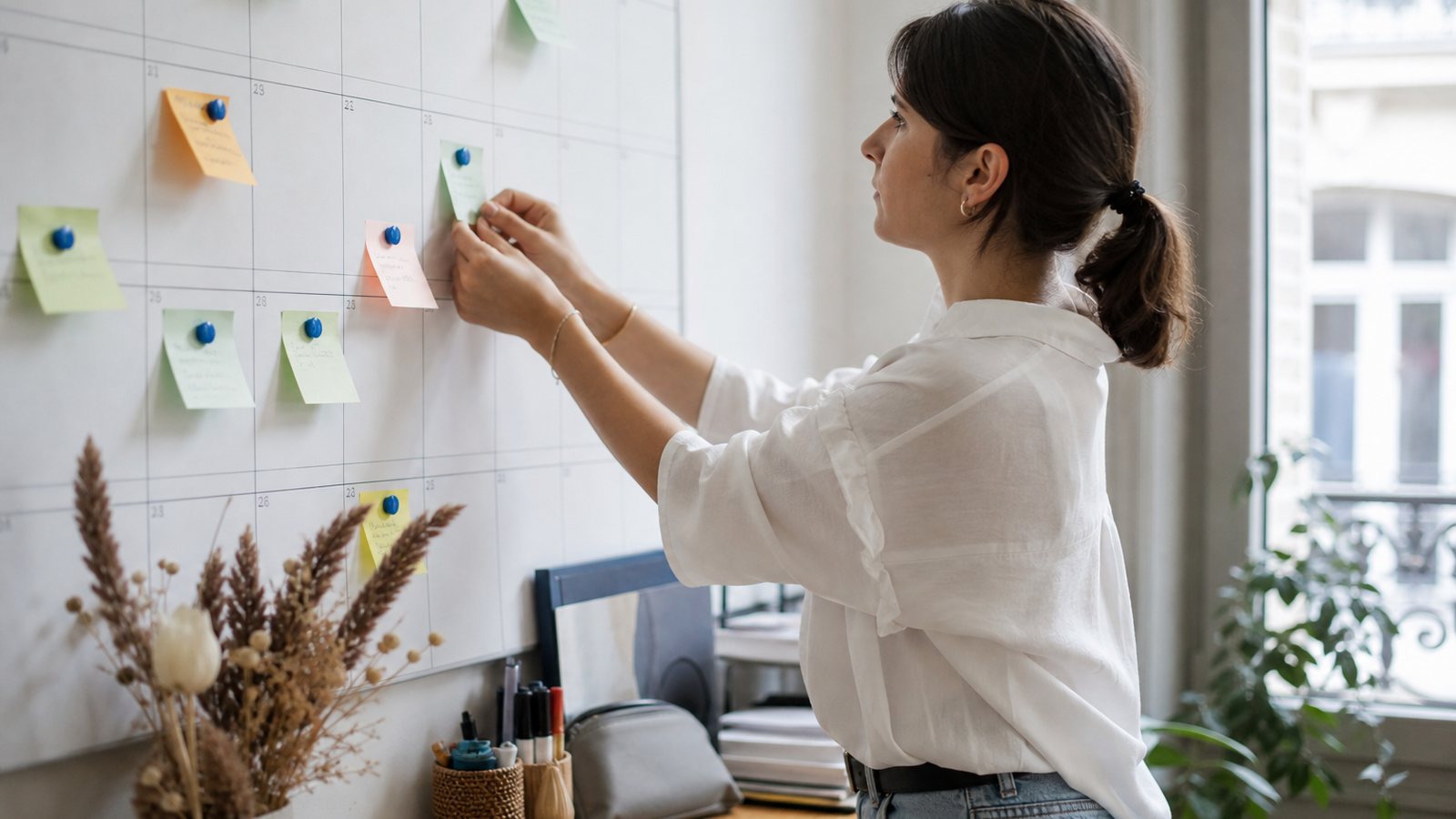 Wedding planner planifiant sa saison de mariages devant un calendrier mural annuel